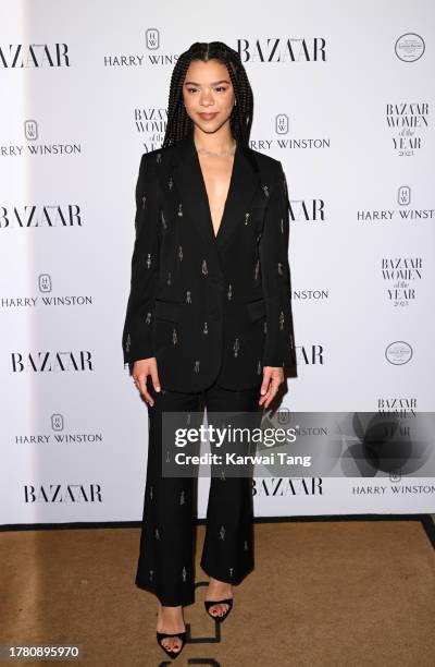 India Amarteifio arrives at the Harper's Bazaar Women Of The Year Awards 2023 at The Ballroom of Claridge’s on November 07, 2023 in London, England.