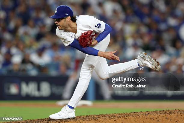 Joe Kelly of the Los Angeles Dodgers pitches during Game 2 of the Division Series between the Arizona Diamondbacks and the Los Angeles Dodgers at...