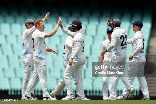 Liam Hatcher of New South Wales celebrates with team mates after taking the wicket of Charlie Stobo of Western Australia during the Sheffield Shield...