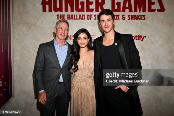 Jon Feltheimer, Rachel Zegler and Tom Blyth at the premiere of "The Hunger Games: The Ballad of Songbirds & Snakes" held at TCL Chinese Theatre on...