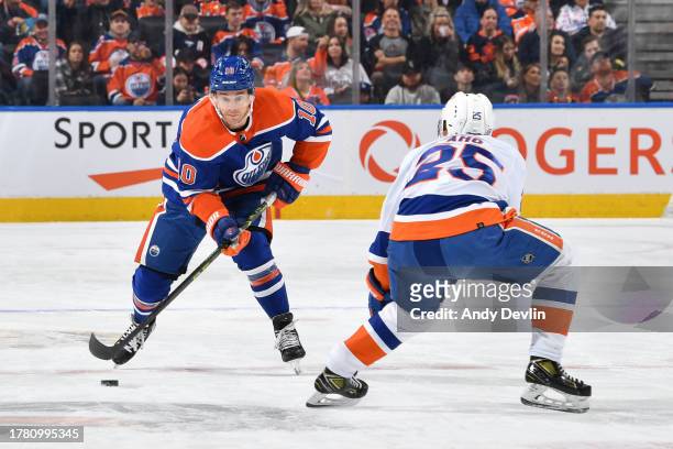 Derek Ryan of the Edmonton Oilers skates during the game against Sebastian Aho of the New York Islanders at Rogers Place on November 13 in Edmonton,...