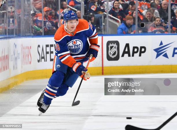 Zach Hyman of the Edmonton Oilers skates during the game against the New York Islanders at Rogers Place on November 13 in Edmonton, Alberta, Canada.