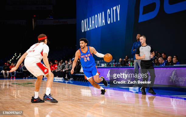 Hunter Maldonado of the Oklahoma City Blue handles the ball during a game against the Memphis Hustle on November 13, 2023 at the Paycom Center in...