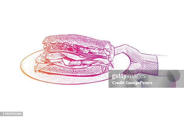 healthy sandwich in female hand - orange cheddar cheese on white stock illustrations