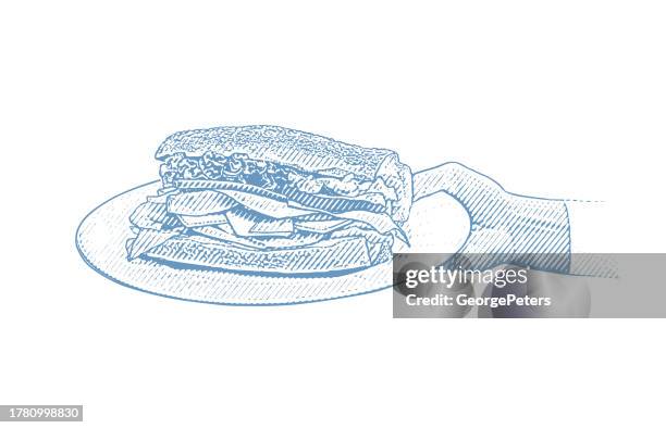 healthy sandwich in womans hand - sub sandwich on white background stock illustrations
