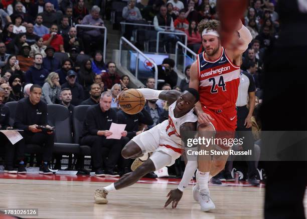 Toronto Raptors guard Dennis Schroder tries to get past Washington Wizards forward Corey Kispert as the Toronto Raptors after being down more than 20...