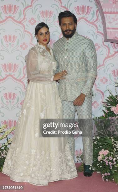 Genelia Deshmukh and Riteish Deshmukh attend the Ramesh Taurani & Varsha Taurani's Diwali celebration on November 07, 2023 in Mumbai, India