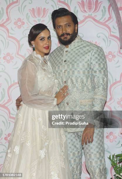 Genelia Deshmukh and Riteish Deshmukh attend the Ramesh Taurani & Varsha Taurani's Diwali celebration on November 07, 2023 in Mumbai, India