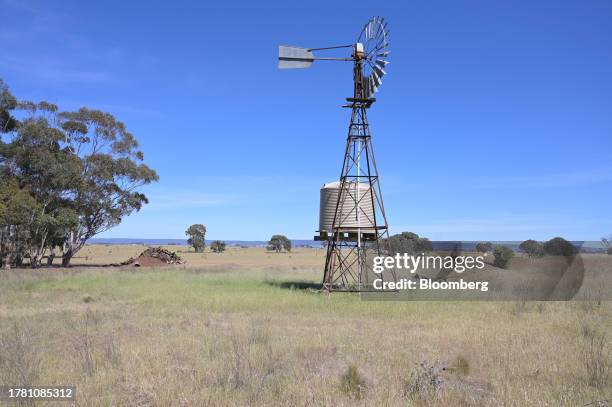 Windmill in a sheep paddock near Balliang outside of Melbourne, Australia, on Friday, Nov. 10, 2023. Australia's sheep industry is in crisis, with...