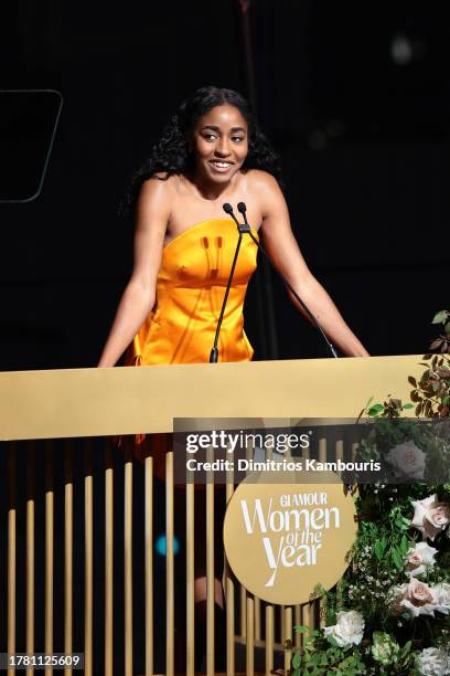 Ayo Edebiri speaks onstage during Glamour Women of the Year 2023 at Jazz at Lincoln Center on November 07, 2023 in New York City.