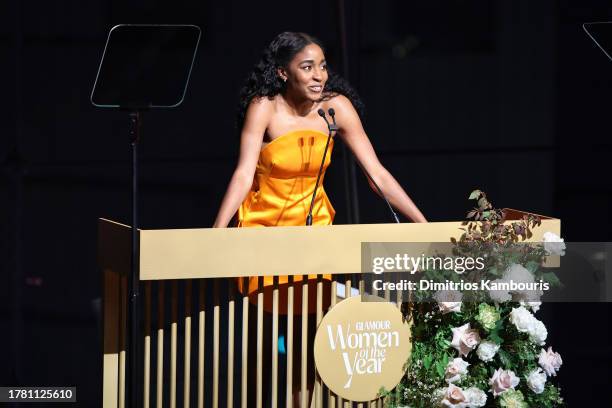 Ayo Edebiri speaks onstage during Glamour Women of the Year 2023 at Jazz at Lincoln Center on November 07, 2023 in New York City.