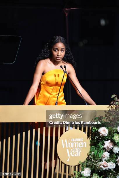 Ayo Edebiri speaks onstage during Glamour Women of the Year 2023 at Jazz at Lincoln Center on November 07, 2023 in New York City.