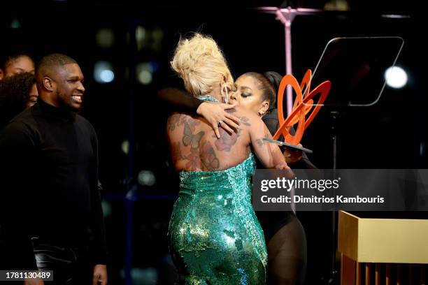Mary J. Blige and Taraji P. Henson embrace onstage during Glamour Women of the Year 2023 at Jazz at Lincoln Center on November 07, 2023 in New York...