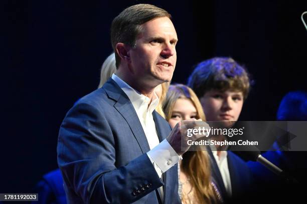 Kentucky incumbent Democratic Gov. Andy Beshear delivers his victory speech to a crowd at an election night event at Old Forrester's Paristown Hall...