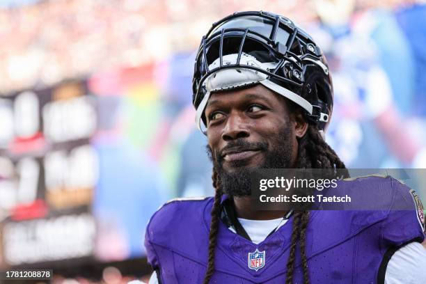 Jadeveon Clowney of the Baltimore Ravens reacts after a play against the Seattle Seahawks during the first half at M&T Bank Stadium on November 5,...