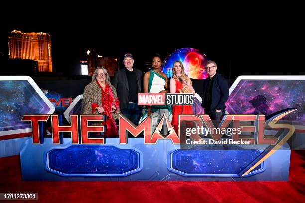 Laura Karpman, Kevin Feige, President, Marvel Studios, Nia DaCosta, Rizzo the cat, Mary Livanos and Jonathan Schwartz attends THE MARVELS Reception...