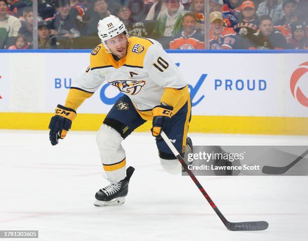 Colton Sissons of the Nashville Predators pursues the play in the first period against the Edmonton Oilers on November 4, 2023 at Rogers Place in...