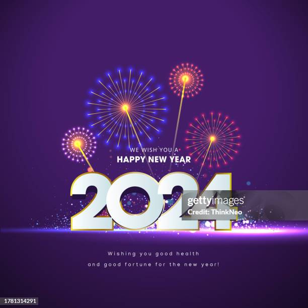 frohes neues jahr 2024 text-feiertagsgrafik mit goldenem feuerwerkshintergrund - neujahr stock-grafiken, -clipart, -cartoons und -symbole