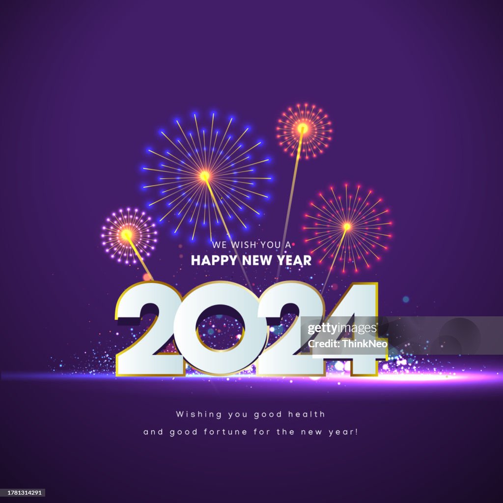 Happy New Year 2024 Text Holiday Graphic with Gold Fireworks Background