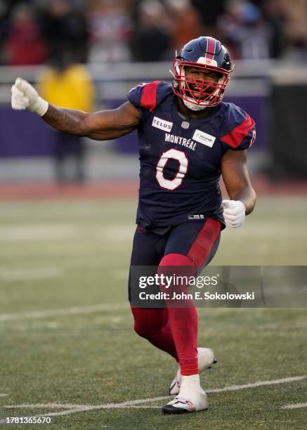 Shawn Lemon of the Montreal Alouettes celebrates sacking a Hamilton Tiger-Cats quarterback in the fourth quarter at Percival Molson Stadium on...