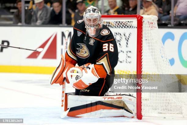 John Gibson of the Anaheim Ducks defends the net in the second period during the game against the Pittsburgh Penguins at Honda Center on November 07,...