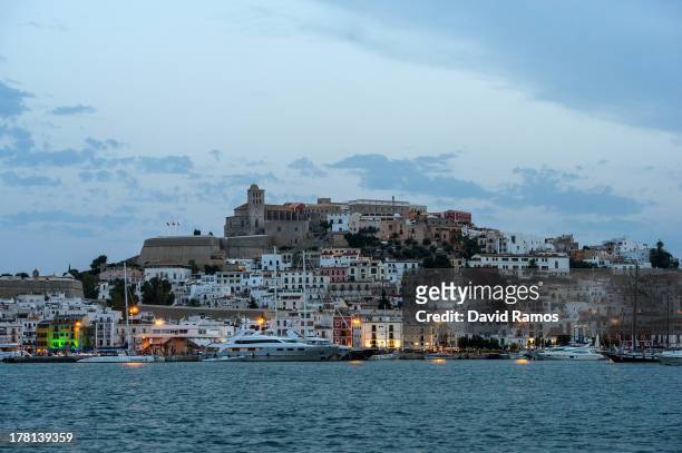 The old town is seen at dusk on August 22, 2013 in Ibiza, Spain. The small island of Ibiza lies within the Balearics islands, off the coast of Spain....