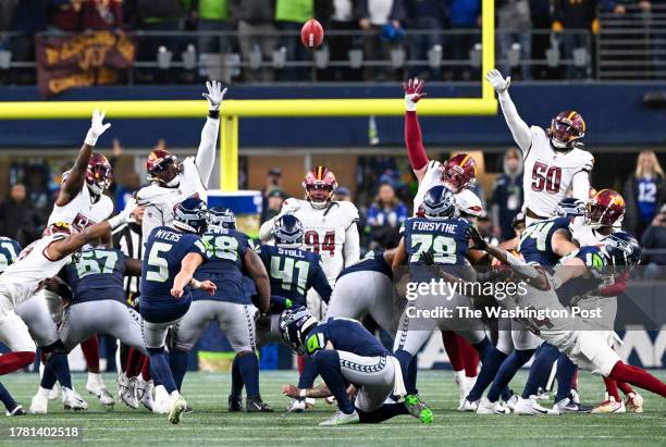 Seattle Seahawks place kicker Jason Myers nails the game winning field goal to beat the Washington Commanders as time runs out at Lumen Field on...