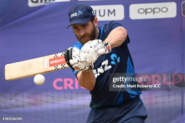 New Zealand captain Kane Williamson plays a shot during to the CC Men's Cricket World New Zealand & Sri Lanka Net Sessions at M. Chinnaswamy Stadium...