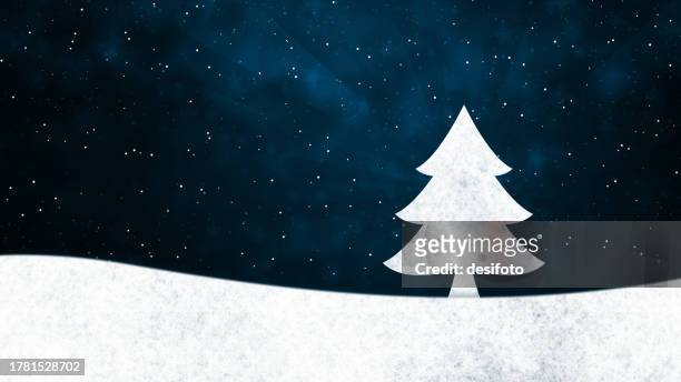 horizontal dark navy blue colored xmas wallpaper with texture and small glittering stars all over pattern and one coniferous christmas tree with smudged bottom edge border at bottom edge for copy space or label and sun burst or light beam in backdrop - coniferous stock illustrations