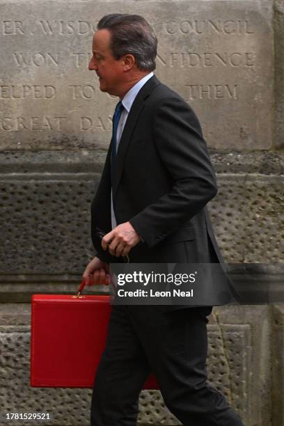 Britain's new Foreign Secretary, former Prime Minister David Cameron arrives at Downing Street ahead of the Cabinet Meeting on November 14, 2023 in...