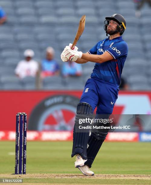 Dawid Malan of England plays a shot during the ICC Men's Cricket World Cup India 2023 between England and Netherlands at MCA International Stadium on...