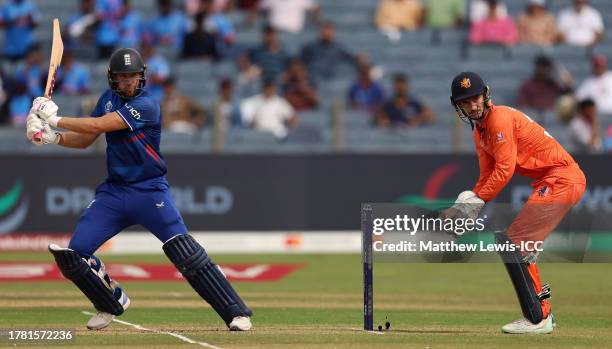 Dawid Malan of England plays a shot as Scott Edwards of Netherlands keeps during the ICC Men's Cricket World Cup India 2023 between England and...