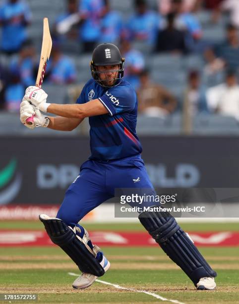 Dawid Malan of England plays a shot during the ICC Men's Cricket World Cup India 2023 between England and Netherlands at MCA International Stadium on...