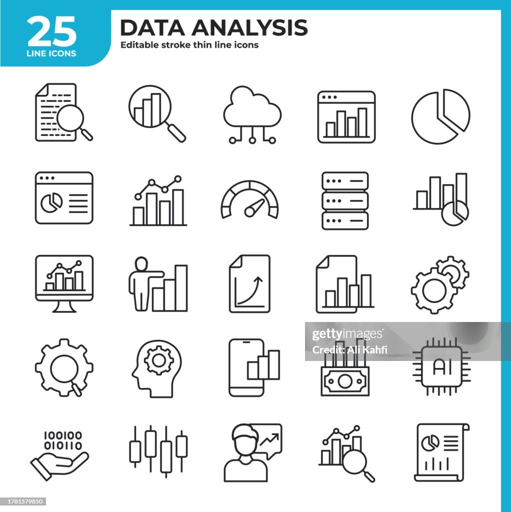Data analysis thin line icons. Editable stroke. Related report, analytic data, cloud, process, ai etc. Vector illustration.