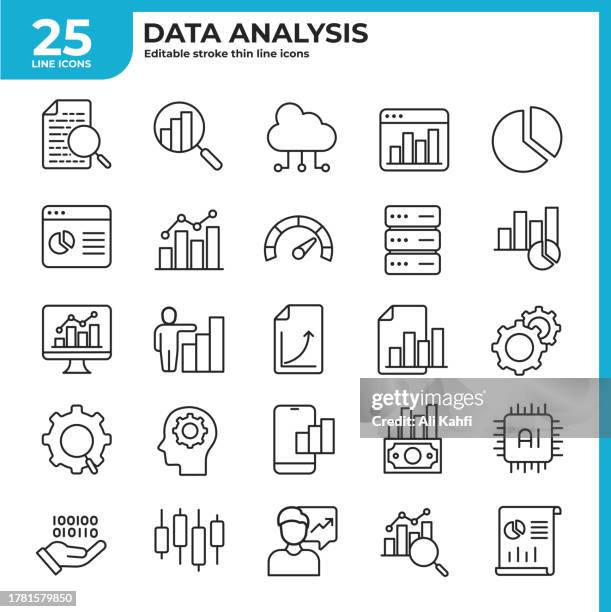 data analysis thin line icons. editable stroke. related report, analytic data, cloud, process, ai etc. vector illustration. - financial report stock illustrations