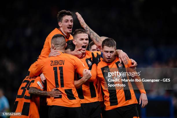 Danylo Sikan of Donetsk celebrates after scoring his team's first goal during the UEFA Champions League match between FC Shakhtar Donetsk and FC...