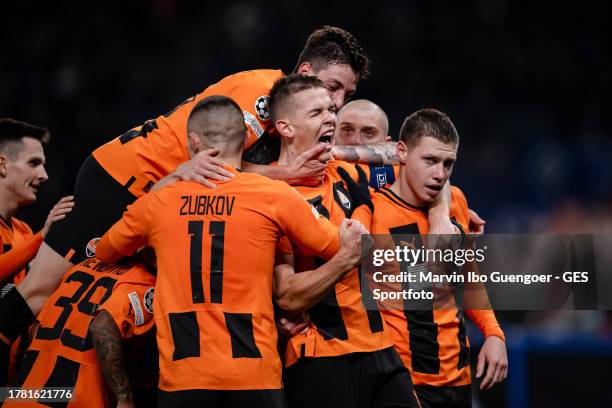 Danylo Sikan of Donetsk celebrates after scoring his team's first goal during the UEFA Champions League match between FC Shakhtar Donetsk and FC...