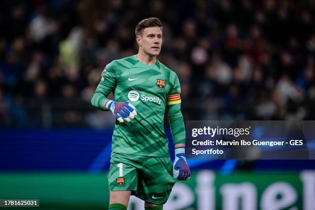 Marc-Andre ter Stegen of Barcelona looks onduring the UEFA Champions League match between FC Shakhtar Donetsk and FC Barcelona at Volksparkstadion on...