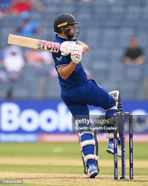 Dawid Malan of England plays a shot during the ICC Men's Cricket World Cup India 2023 between England and Netherlands at MCA International Stadium on...