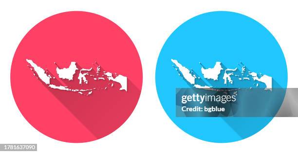 indonesia map. round icon with long shadow on red or blue background - blue java stock illustrations