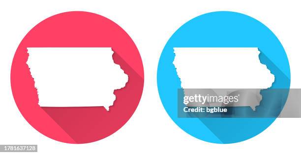 iowa map. round icon with long shadow on red or blue background - des moines map stock illustrations