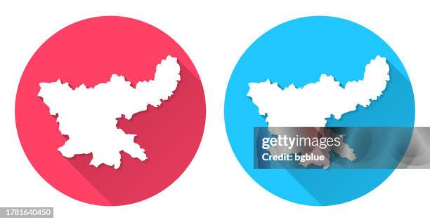 jharkhand map. round icon with long shadow on red or blue background - jharkhand stock illustrations