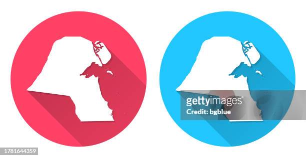 stockillustraties, clipart, cartoons en iconen met kuwait map. round icon with long shadow on red or blue background - kuwait
