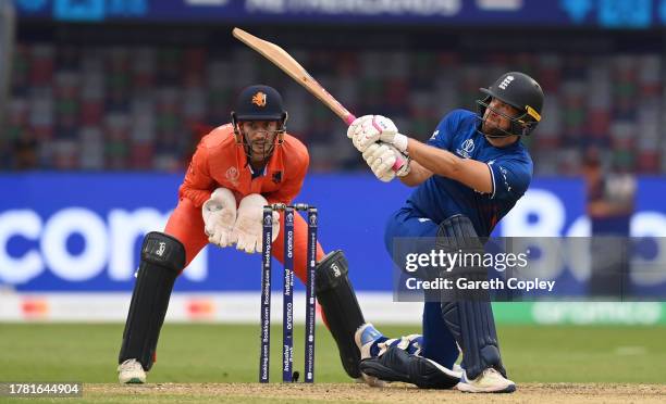 Dawid Malan of England plays a shot as Scott Edwards of Netherlands keeps during the ICC Men's Cricket World Cup India 2023 between England and...