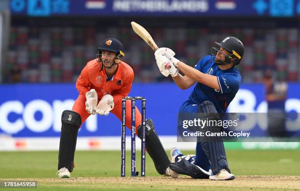 Dawid Malan of England plays a shot as Scott Edwards of Netherlands keeps during the ICC Men's Cricket World Cup India 2023 between England and...