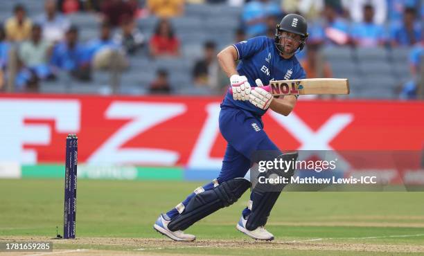 Dawid Malan of England plays a shot during the ICC Men's Cricket World Cup India 2023 between England and Netherlands at MCA International Stadium on...