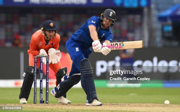 Dawid Malan of England plays a shot as Scott Edwards of Netherlands keeps during the ICC Men's Cricket World Cup India 2023 between England and...