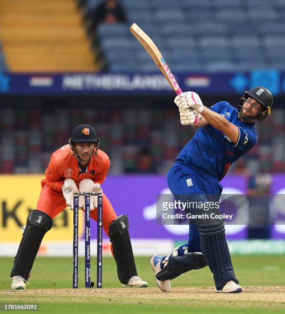 Dawid Malan of England plays a shot as Scott Edwards of Netherlands keeps during the ICC Men's Cricket World Cup India 2023 between England and...