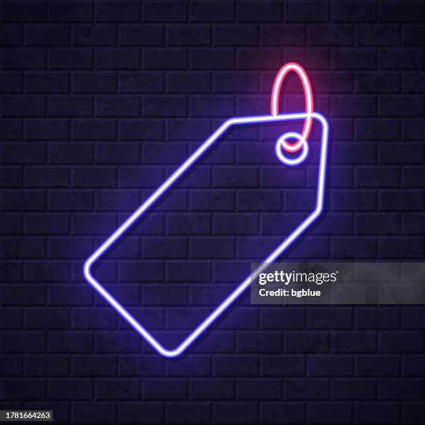 price tag. glowing neon icon on brick wall background - red string stock illustrations