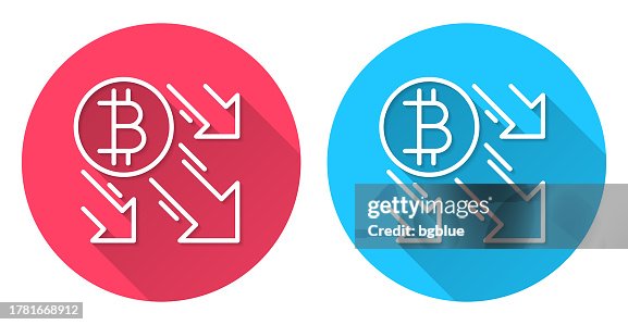 Bitcoin decrease. Round icon with long shadow on red or blue background Bitcoin decrease. Round icon with long shadow on red or blue background